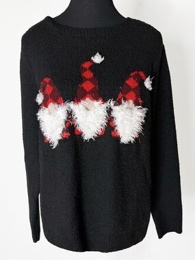 CUPCAKES & CASHMERE Black Knit Christmas Sweater Gnomes Santa Size XL